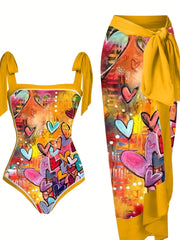 Retro Tankini Set Women's Plus Heart Print Swimsuit