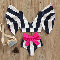 2pcs Baby Girls Striped Lemon Top & Bowknot Shorts Swimsuit Set