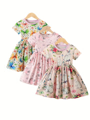 Girls' Dress With Cartoon Butterfly Rabbit Pony Print