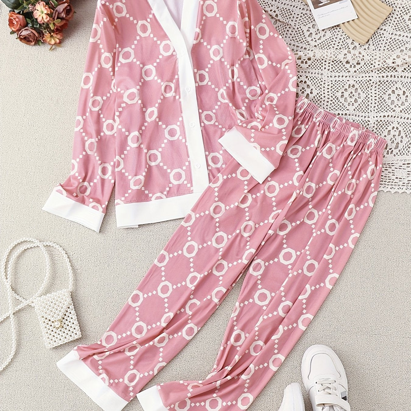 Girls 2pcs Pajamas Geometric Print Long Sleeve Button Front