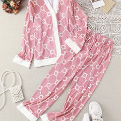 Girls 2pcs Pajamas Geometric Print Long Sleeve Button Front