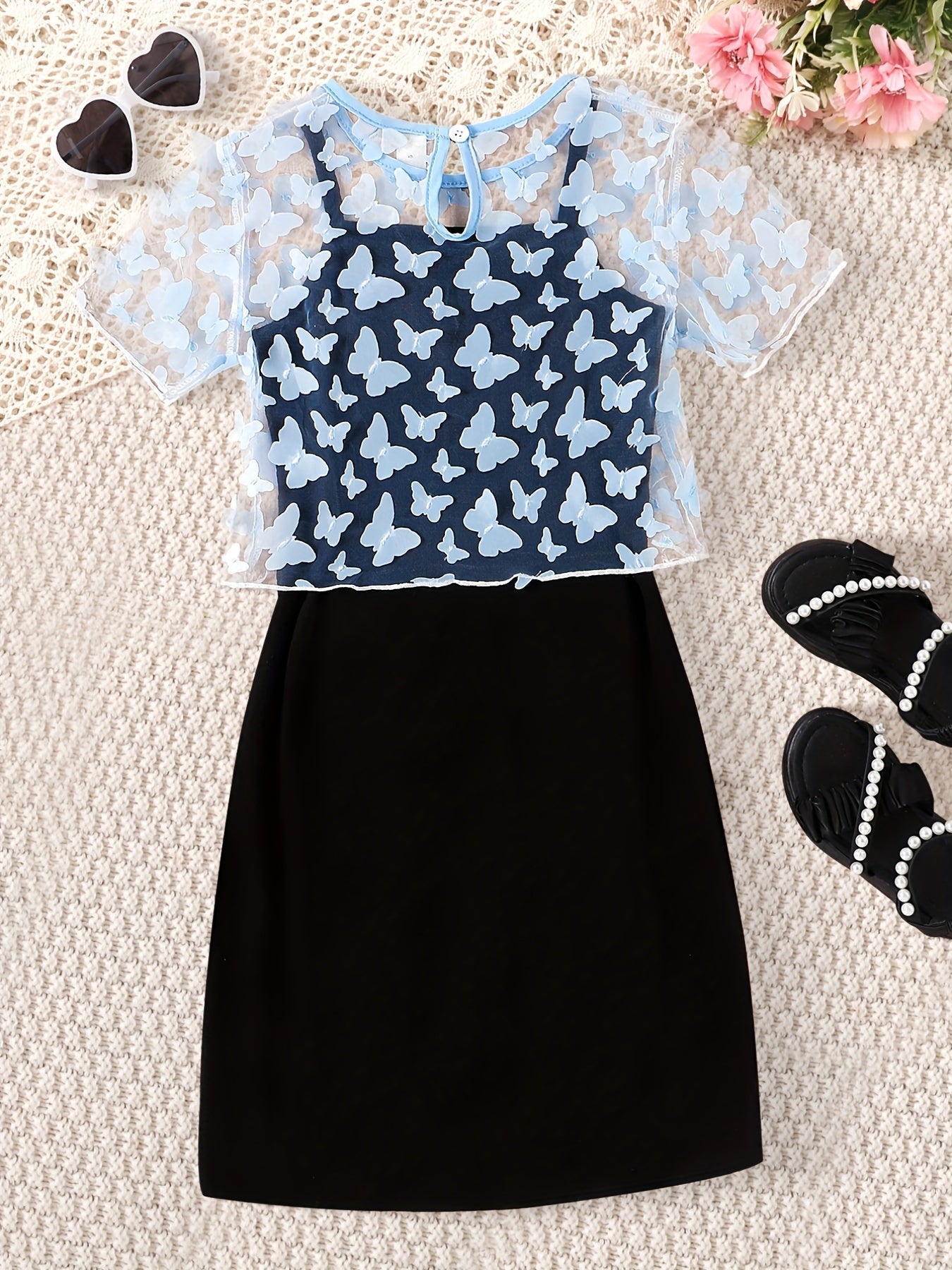 2pcs Toddler Girls Butterfly Graphic Dress & Top Set For Party Beach Vacation