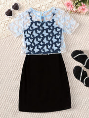 2pcs Toddler Girls Butterfly Graphic Dress & Top Set For Party Beach Vacation