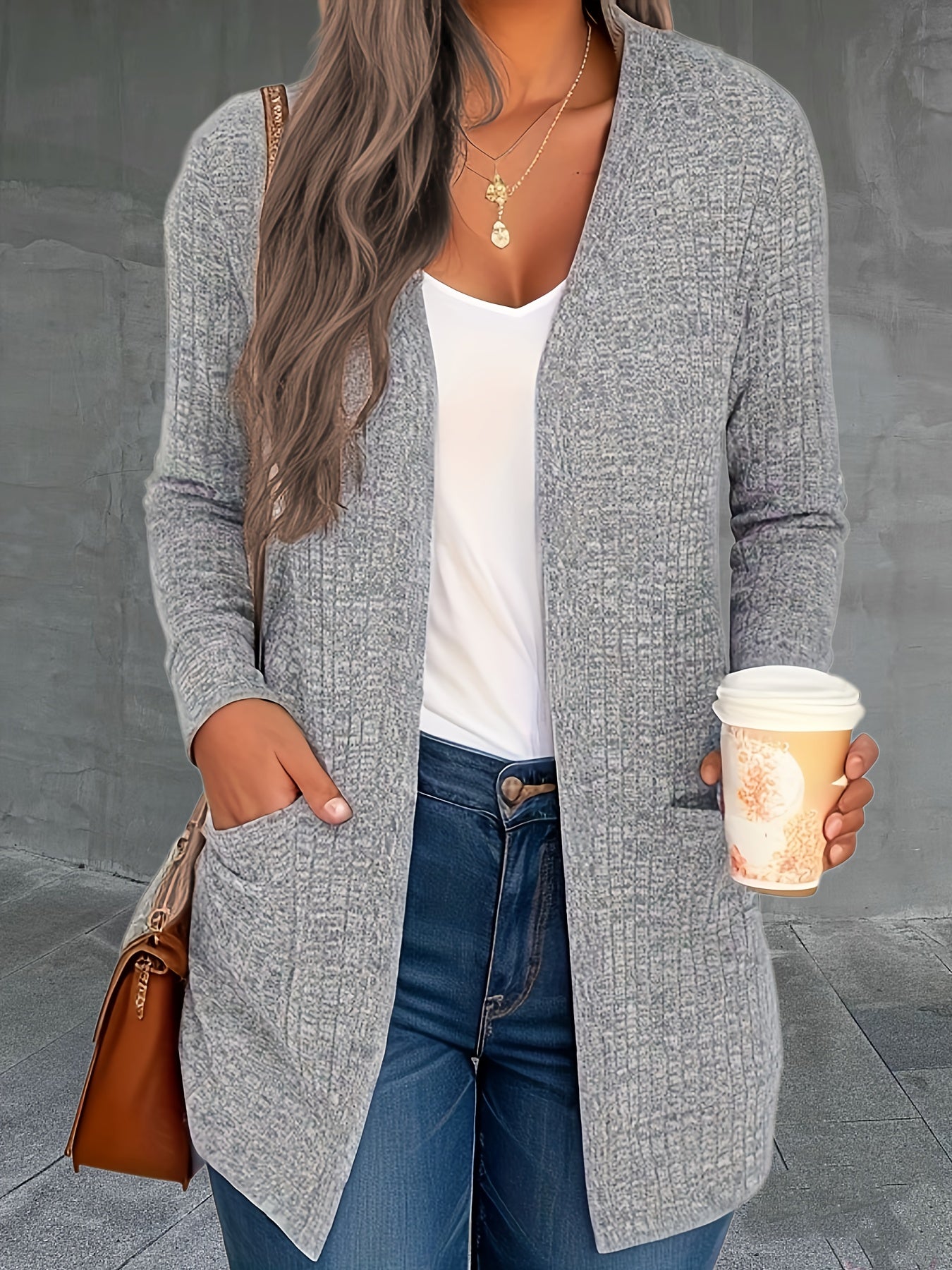 Solid Long Sleeve Open Front Cardigan With Pockets