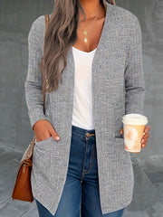 Solid Long Sleeve Open Front Cardigan With Pockets