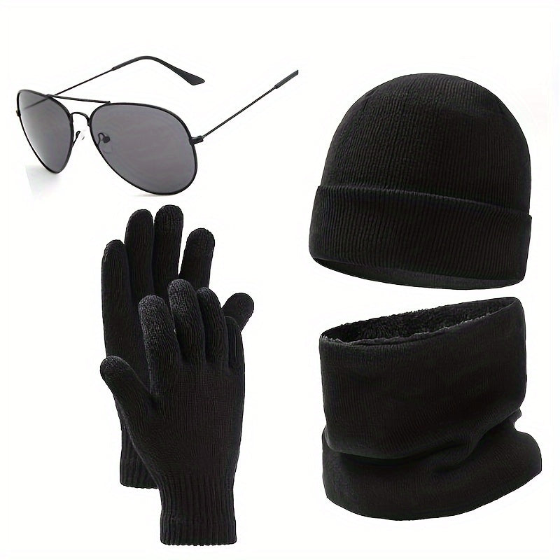 Winter Warm Hat Scarf Gloves Set Sunglasses Men Women Outdoor Riding Beanies