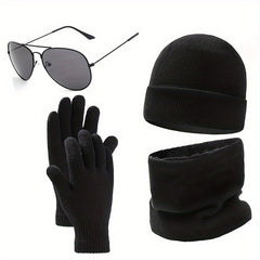 Winter Warm Hat Scarf Gloves Set Sunglasses Men Women Outdoor Riding Beanies