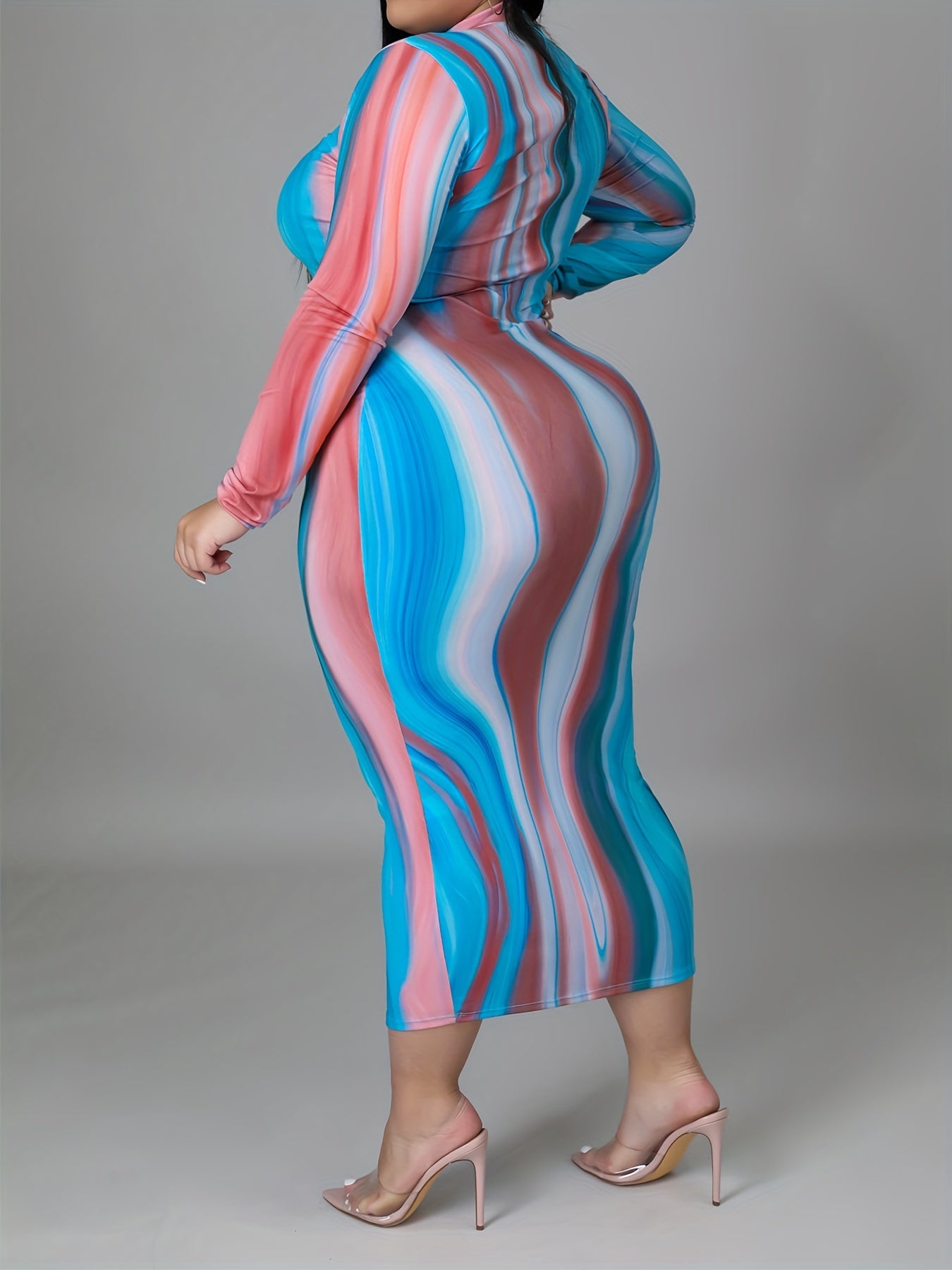 Casual Dress Women's Plus Stripe Print Long Sleeve Mock Neck Slim Fit