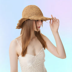 Brown Ruffles Straw Sun Hat Crochet Bucket Hat Wide Brim Beach Hats