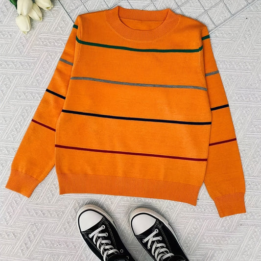 Boys Striped Block Sweater Round Neck Long Sleeve Pullover