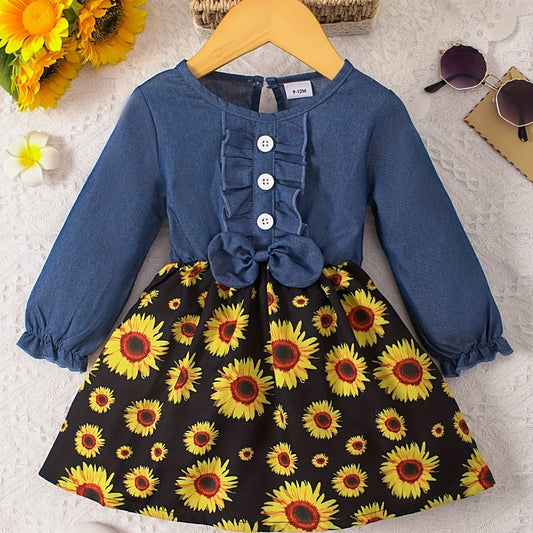 Cute Baby Girl's Denim Dress with Floral Print