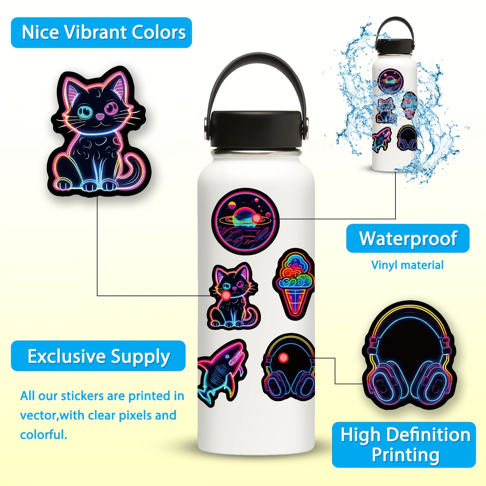 50pcs Neon Cartoon Stickers Waterproof Vinyl Decals for Water Bottle Laptop