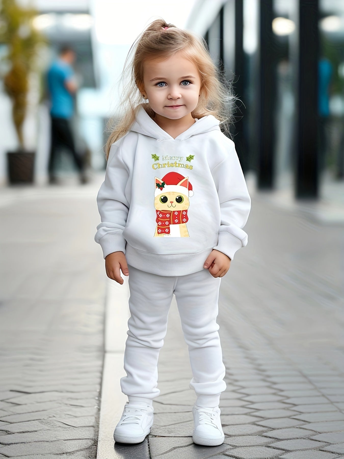 Christmas Kitty Print Girls 2pcs Hoodies Jogger Pants Set