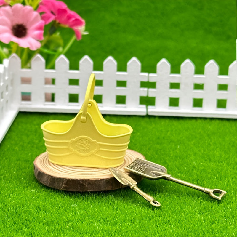2pcs 1:12 Dollhouse Metal Flower Bucket Basket with Shovel Fairy Garden Decor