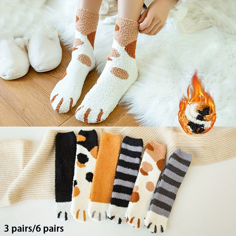 6 Pairs Cat Claw Fuzzy Socks Comfy & Warm Mid Tube Socks Women's Stockings