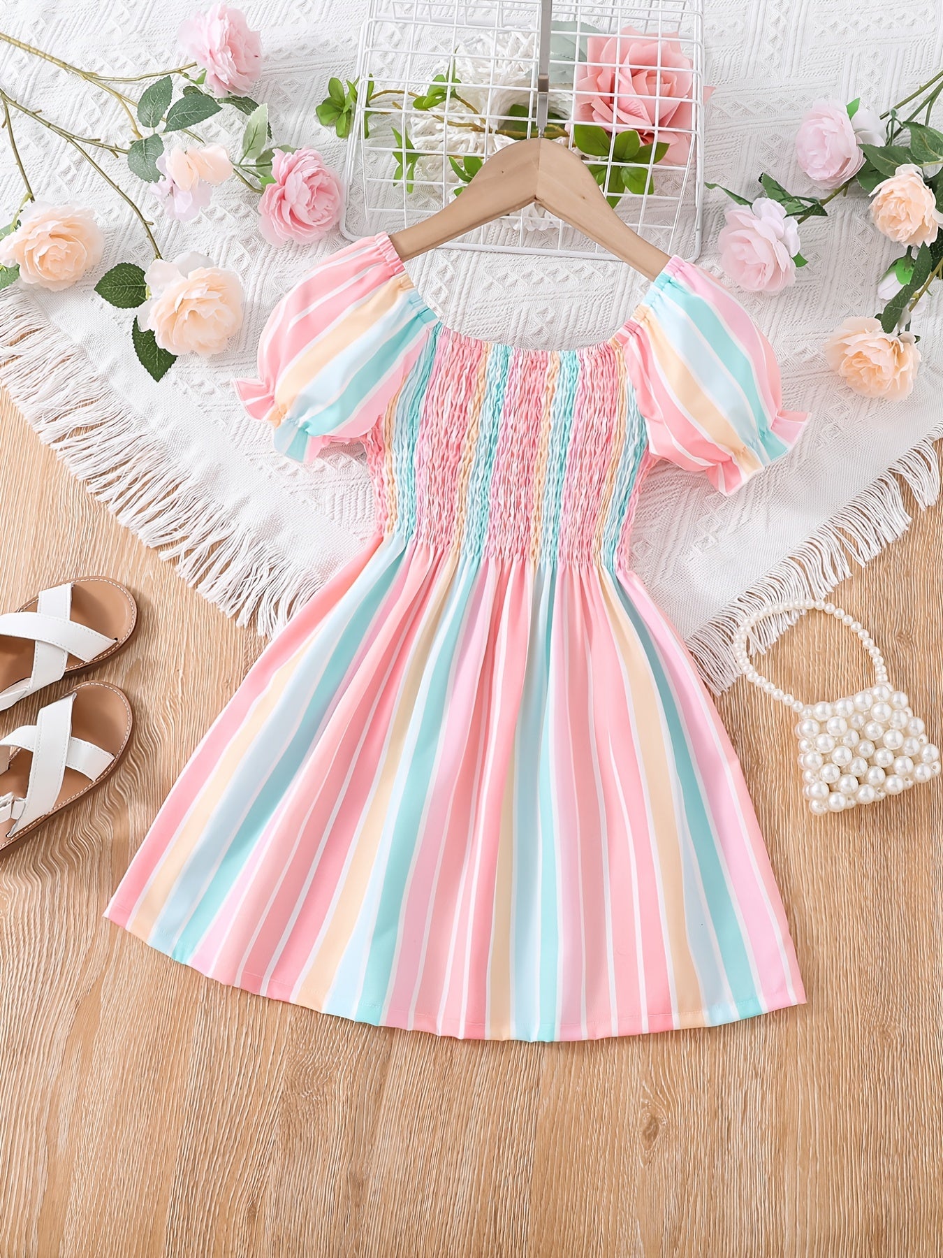 Girls Short Bubble Sleeve Block Shirred Dress Kids Summer Clothes