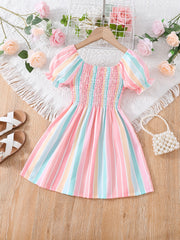 Girls Short Bubble Sleeve Block Shirred Dress Kids Summer Clothes