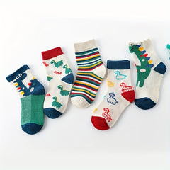 5pairs Boys Kids Cotton Blend Dinosaur Crew Socks Breathable Spring Summer