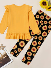 Girls Little Miss Print Top & Sunflower Print Pants Set Ruffle Round Neck 2pcs