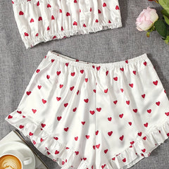 Heart Print Pajama Set Strapless Tube Top & Ruffle Shorts