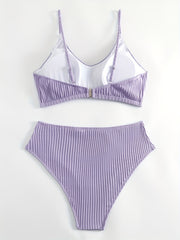 Solid Ribbed V Neck Backless Crop Cami Top & Panty Swimsuit