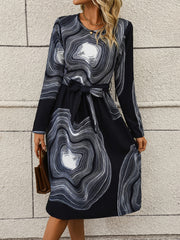 Graphic Print Crew Neck Belted Dress Long Sleeve Dress