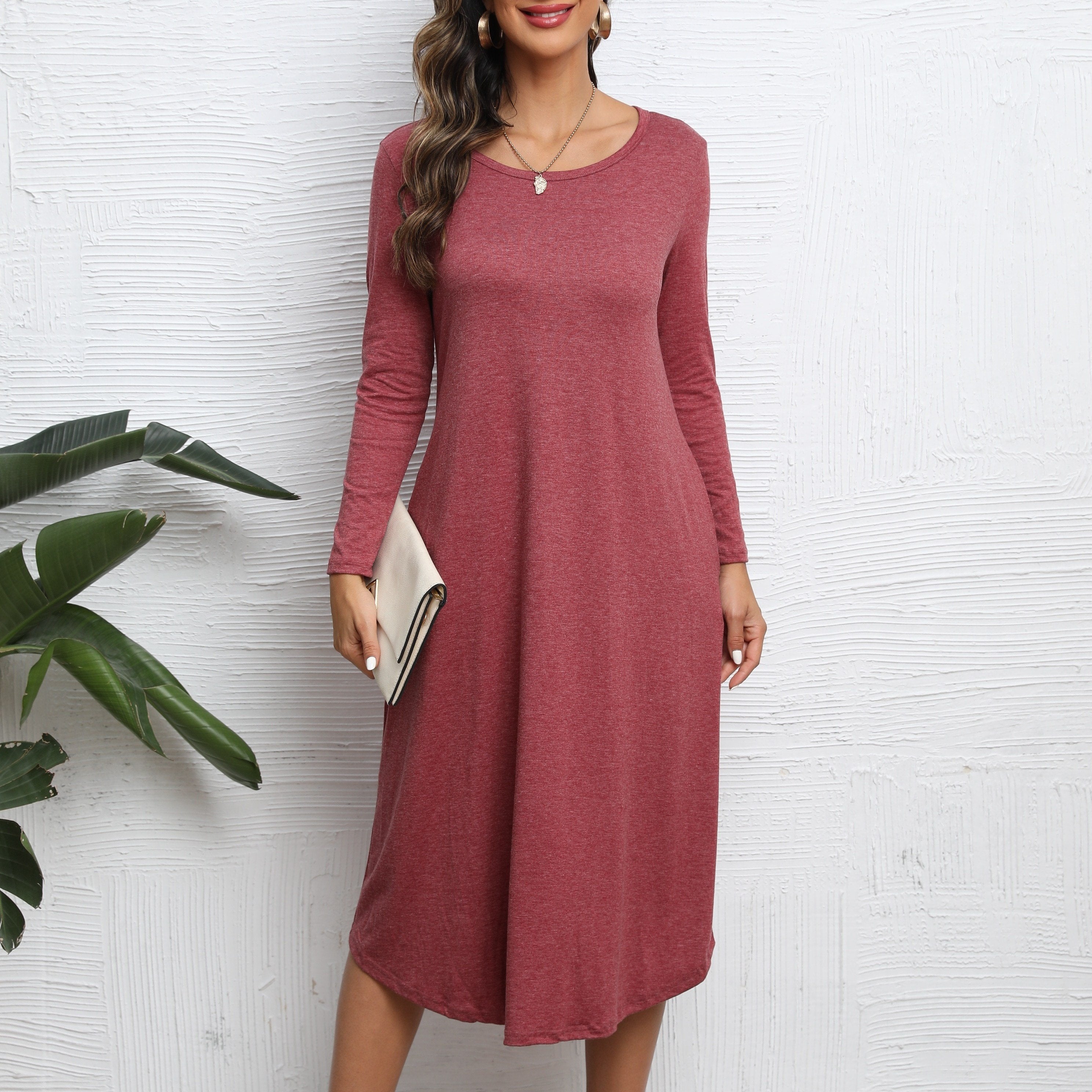 Solid Crew Neck Long Sleeve Midi Dress Women's Clothing