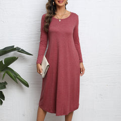 Solid Crew Neck Long Sleeve Midi Dress Women's Clothing