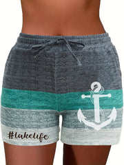 Anchor Print Colorblock Drawstring Shorts