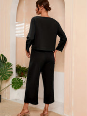 Solid Casual 2pc Set Boat Neck Top & Wide Leg Pants