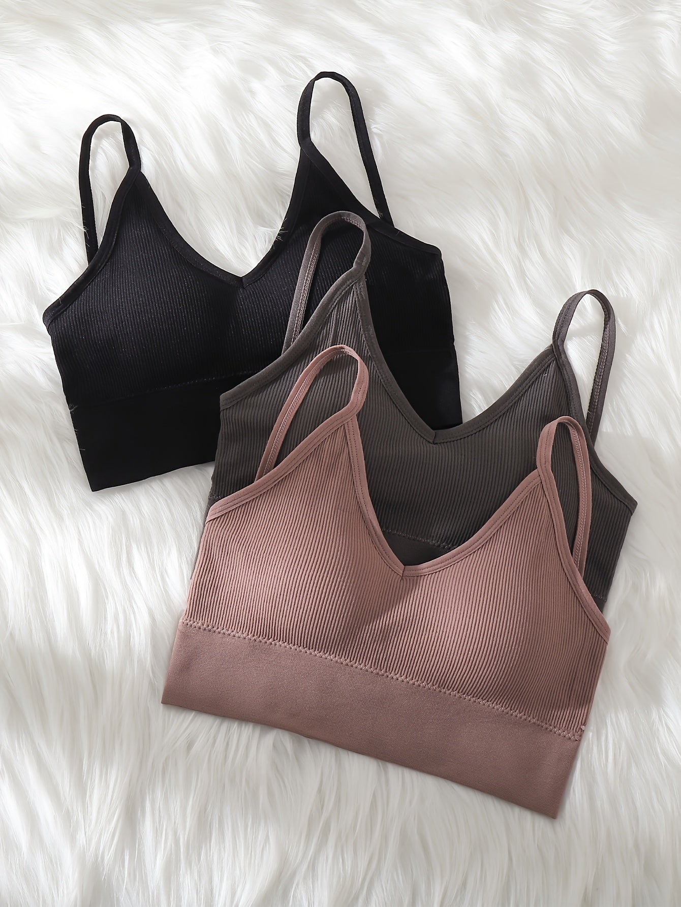 3pcs Solid Ribbed Cami Crop Tops V Neck Hollow Out Top Women's Lingerie