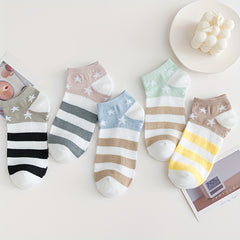 5 Pairs Striped & Star Print Ankle Socks Women's Stockings