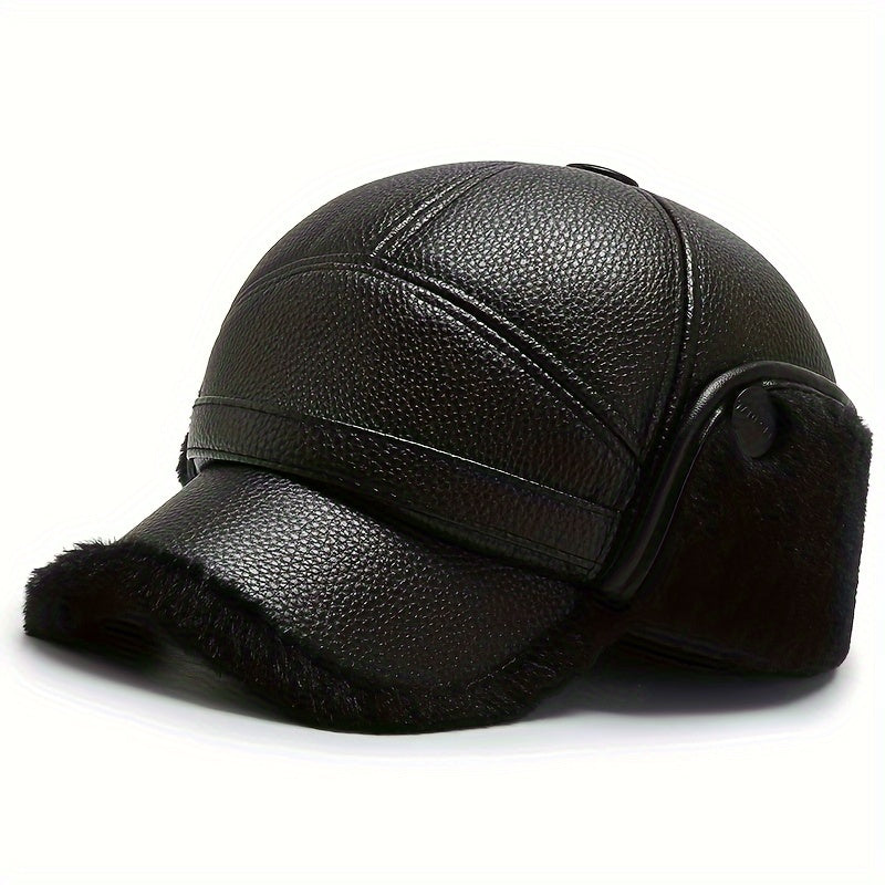 Men's Winter Plush Warm Leather Baseball Cap With Earflaps