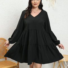 V Neck Mini Smock Dress Lantern Sleeve