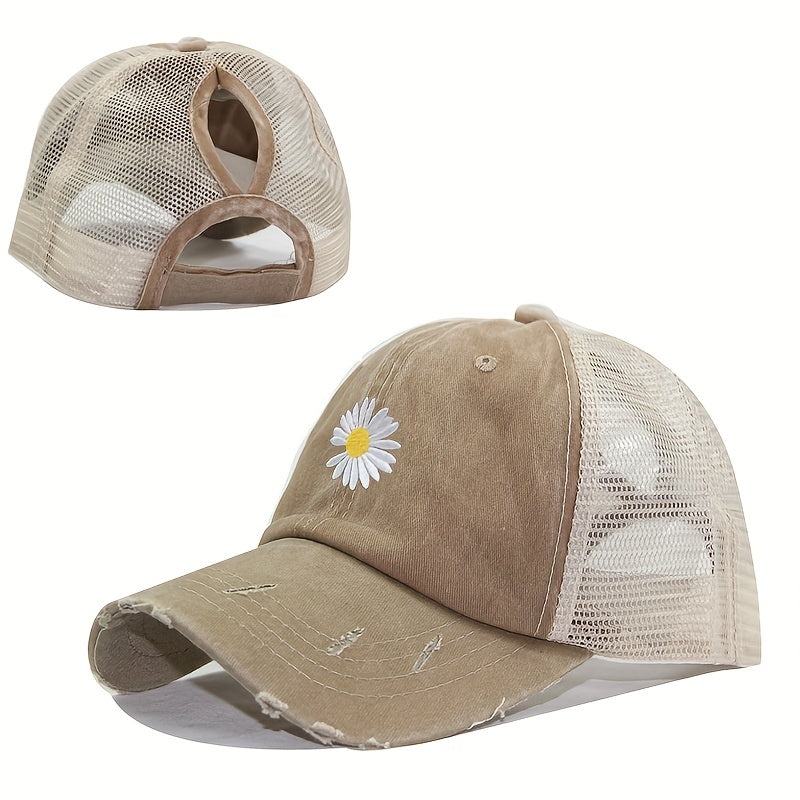 Daisy Embroidered Ponytail Trucker Hat Ripped Washed Distressed Baseball Cap