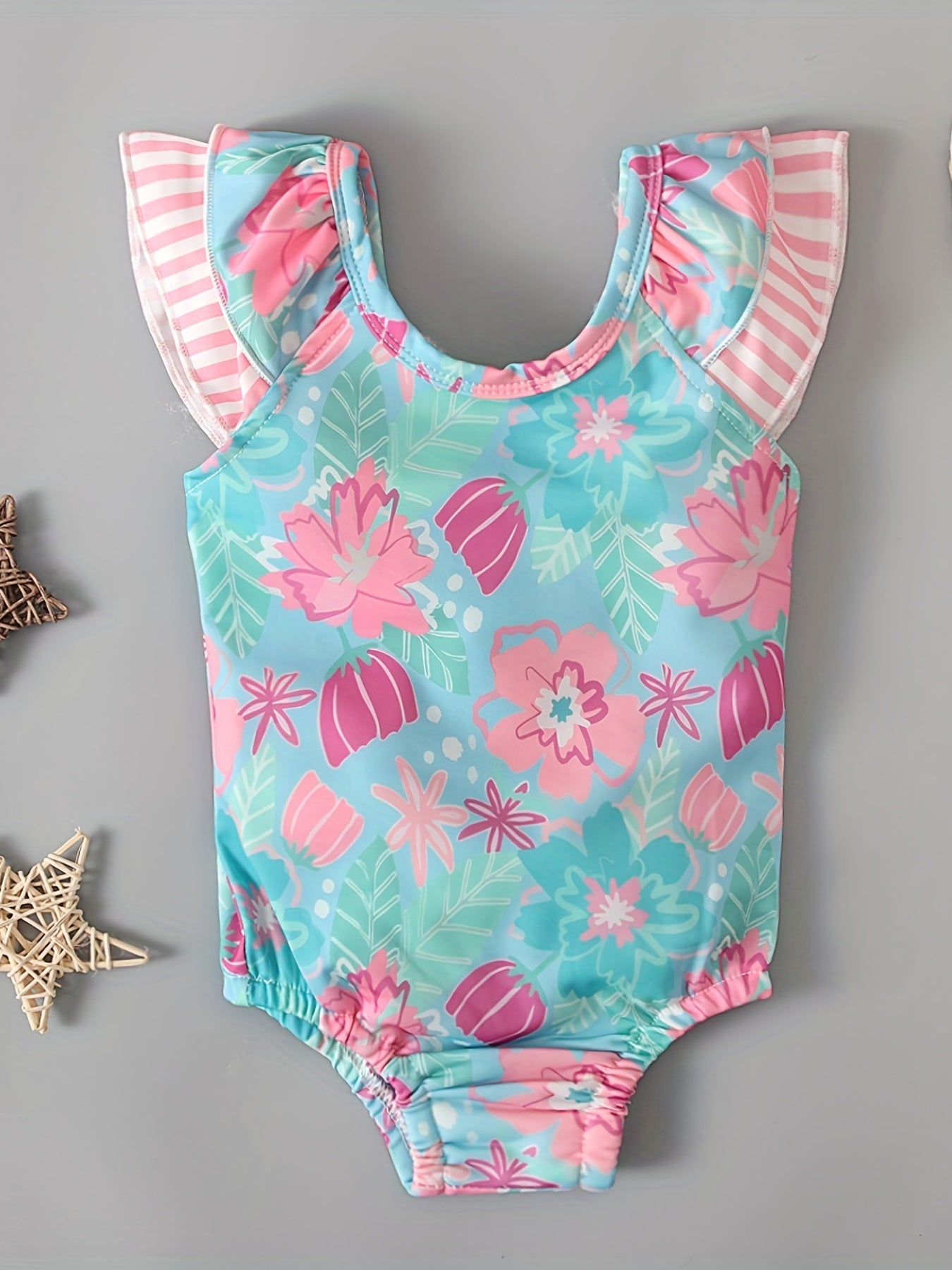 Baby Summer Girls Sleeveless Floral Print Backless Bow Onesie Swimsuit