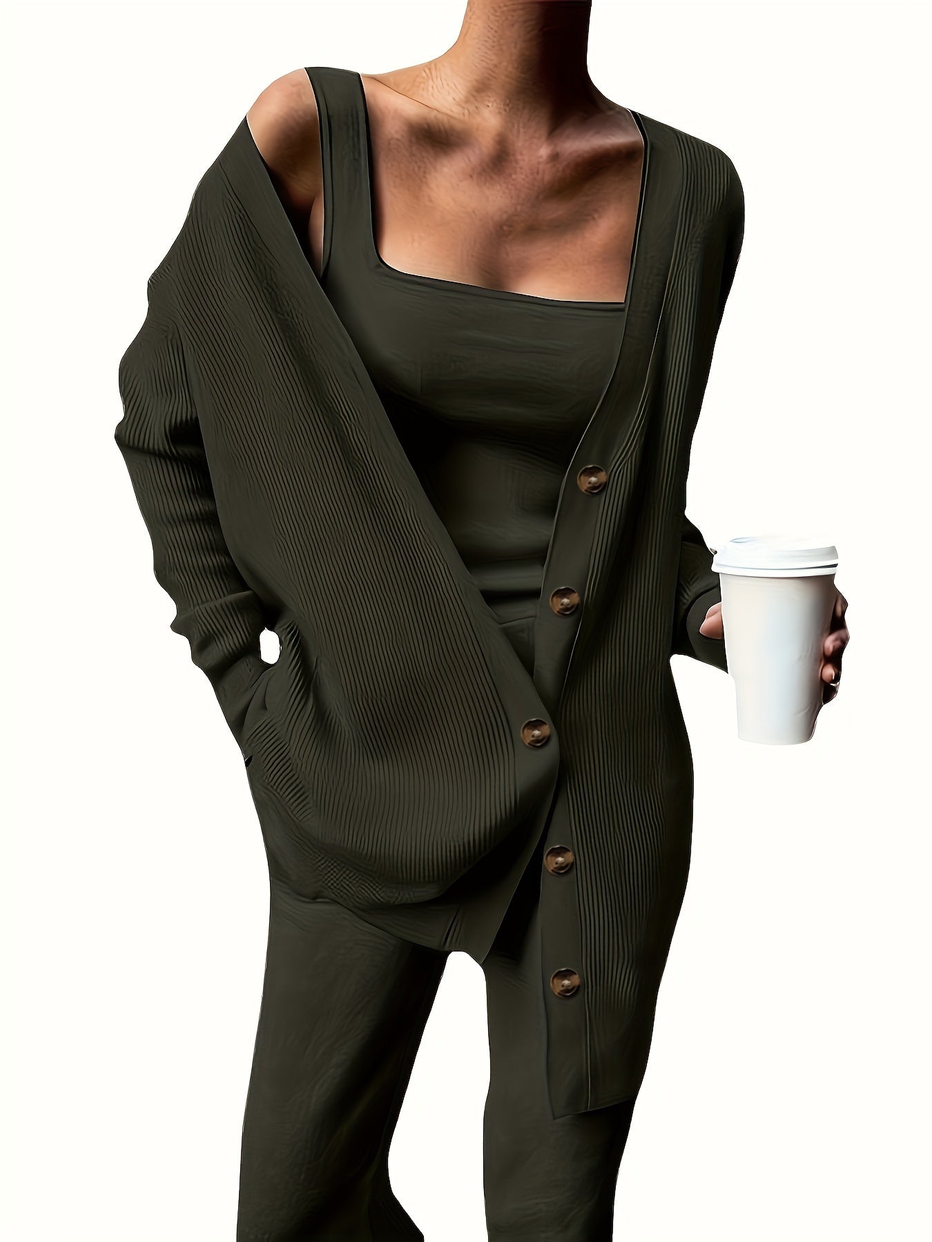 3 Piece Casual Outfit Set: Ribbed Cardigan, Tank Top & Pants