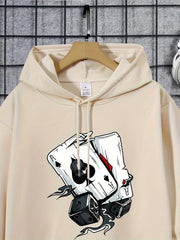 Poker Print Hoodie Men Kangaroo Pocket Loose Pullover Mens Clothing