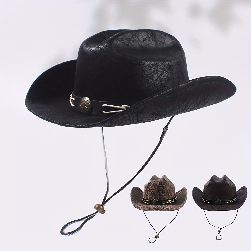 Vintage PU Leather Cowboy Hat Western Fedora Cap