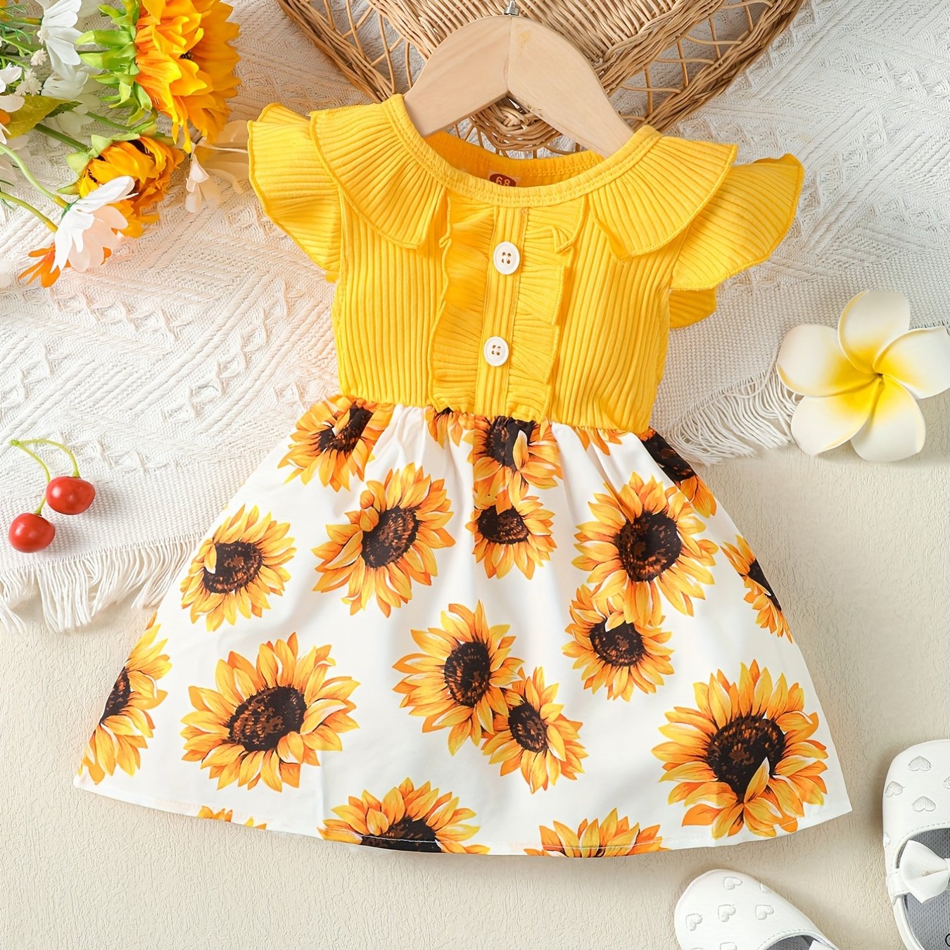 Toddler Baby Girls Ruffle Sleeve Dress Sunflowers Print Kids Clothes Summer