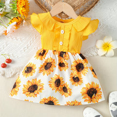 Toddler Baby Girls Ruffle Sleeve Dress Sunflowers Print Kids Clothes Summer