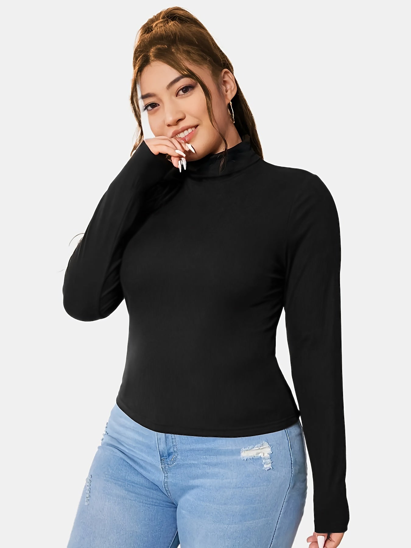 Solid Long Sleeve High Neck Top
