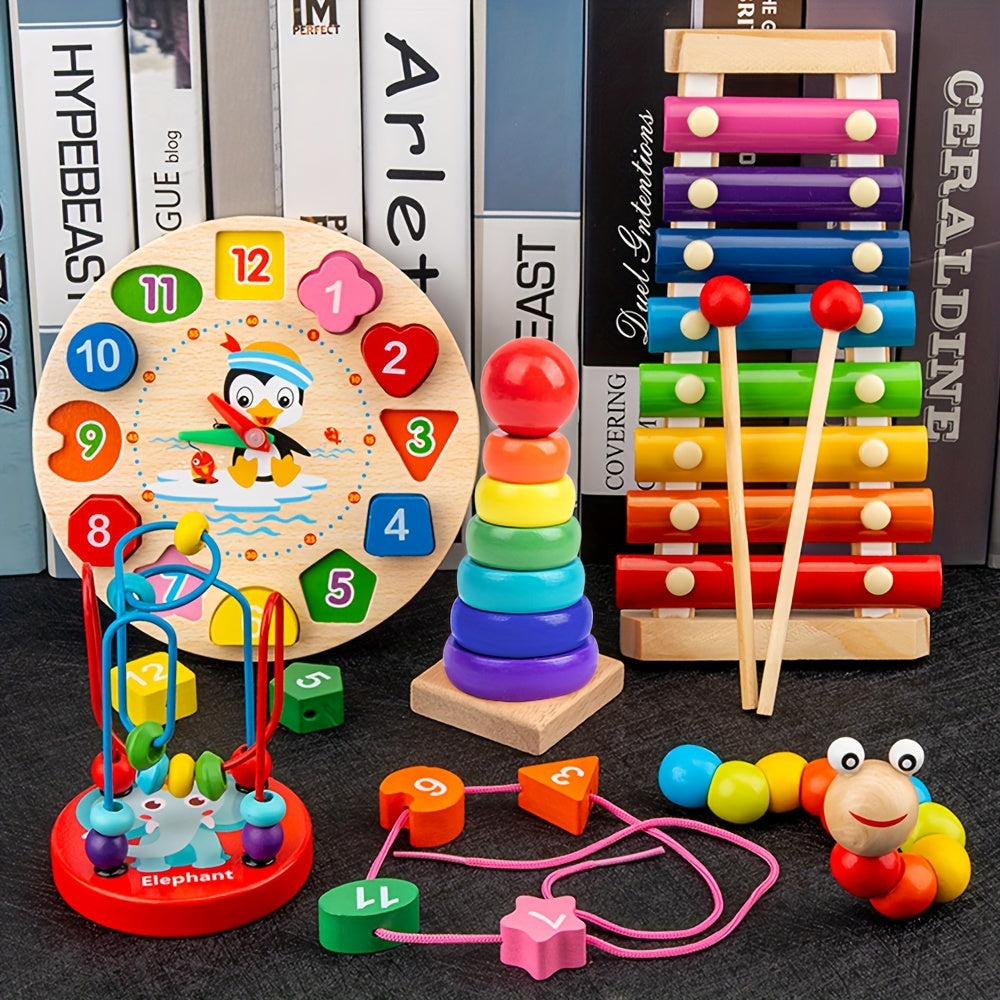 5 in 1 Montessori Wooden Toys Preschool Education Musical Xylophone Beadwork