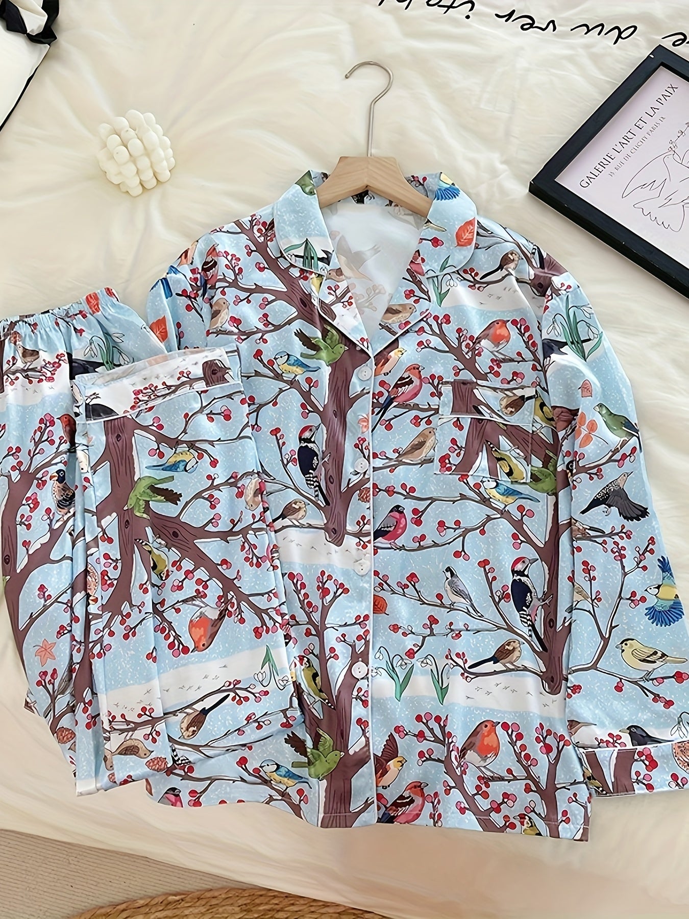 Floral Bird Print Pajama Set Long Sleeve Top & Pants