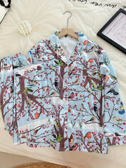 Floral Bird Print Pajama Set Long Sleeve Top & Pants