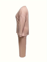 Solid Cable Knit Top & Pants Casual Outfit Set