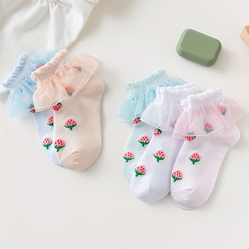 Girls Cotton Blend Lace Ruffle Ankle Socks Strawberry Pattern Candy Crew Socks