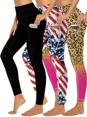 3-Pack Plus Size Leggings Set: Star & Snake Print High Waist