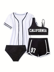 4pcs California Print Swimwear Set for Girls