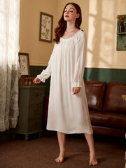 Solid Long Night Dress Court Style Long Sleeve Crew Neck Pajama Dress